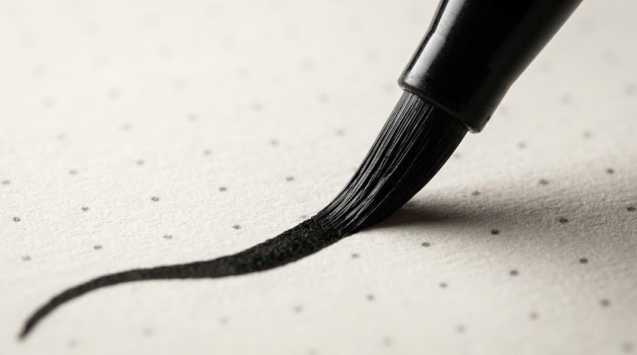 oco detalhado na ponta de uma caneta pincel (brush pen) preta traçando curvas precisas sobre um papel pontilhado de alta gramatura