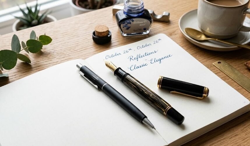 Comparativo elegante na mesa de um escritório entre uma caneta esferográfica moderna e uma caneta tinteiro clássica, demonstrando a evolução da papelaria.