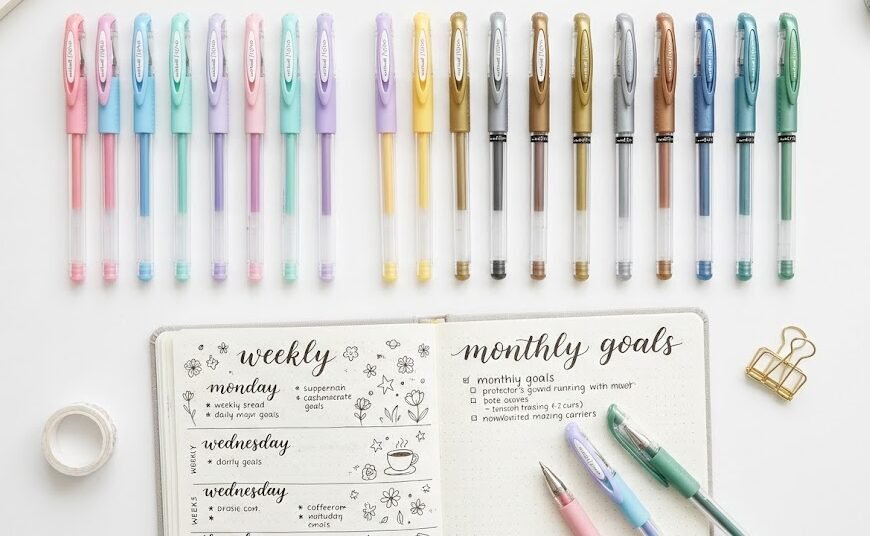 Visão superior de um estojo de papelaria aberto com várias canetas uni-ball Signo em tons pastéis e glitter, prontas para uso em um planner.
