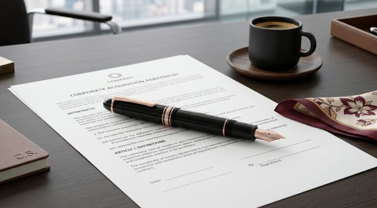 Uma elegante caneta Montblanc feminina de resina preta e detalhes em ouro rosa repousando sobre um contrato importante em uma mesa de vidro.