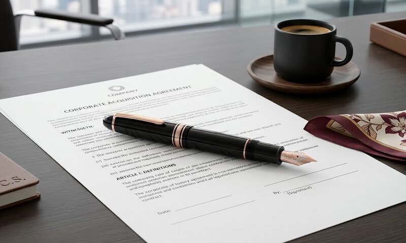 Uma elegante caneta Montblanc feminina de resina preta e detalhes em ouro rosa repousando sobre um contrato importante em uma mesa de vidro.