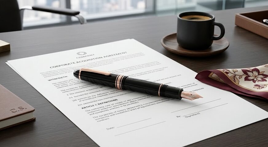 Uma elegante caneta Montblanc feminina de resina preta e detalhes em ouro rosa repousando sobre um contrato importante em uma mesa de vidro.