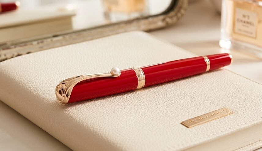 Foco macro na pena de ouro maciço 18k de uma caneta Montblanc tinteiro Meisterstück, pronta para assinar um documento com tinta premium