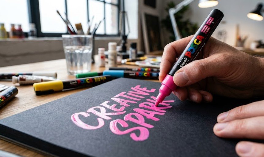 Artista desenhando letras vibrantes com um marcador opaco em um caderno de folhas escuras.