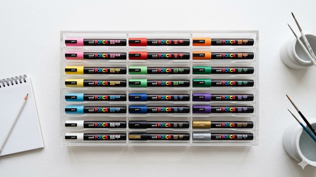 Conjunto de várias canetas Posca coloridas armazenadas na posição horizontal em um organizador de mesa transparente.
