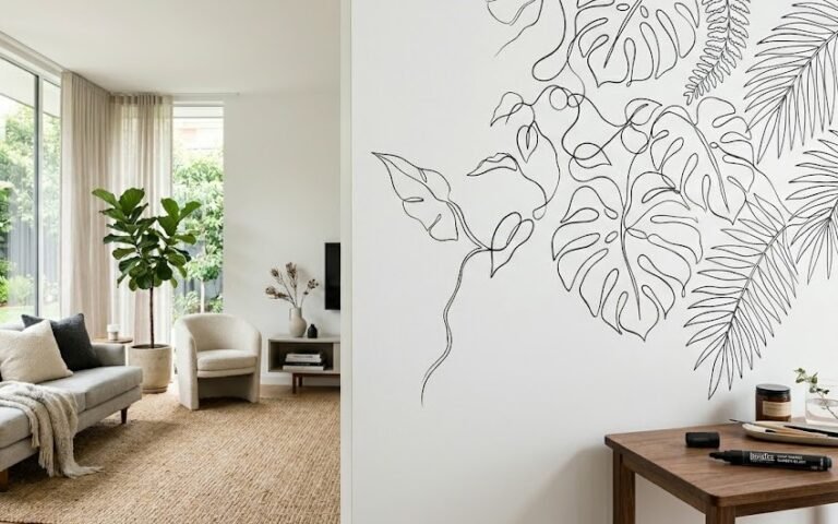 Uma parede de sala moderna sendo decorada com desenhos contínuos de folhagens e temas botânicos usando uma caneta preta profissional.