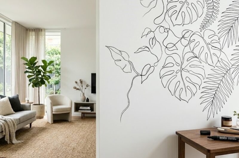 Uma parede de sala moderna sendo decorada com desenhos contínuos de folhagens e temas botânicos usando uma caneta preta profissional.