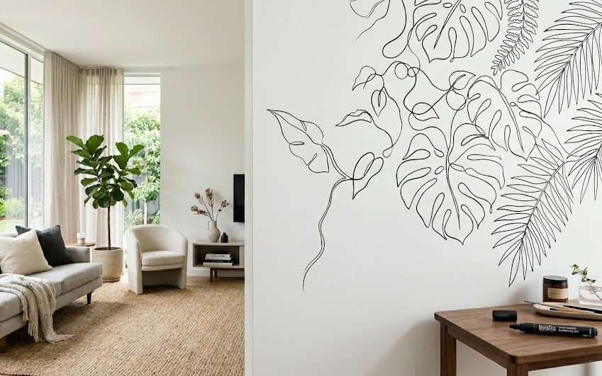 Uma parede de sala moderna sendo decorada com desenhos contínuos de folhagens e temas botânicos usando uma caneta preta profissional.