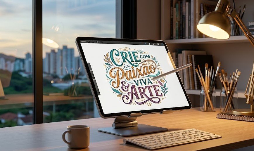 Curso de Leterring: Ambiente de trabalho moderno mostrando um tablet digital com uma composição de lettering finalizada na tela, ao lado de lápis e rascunhos.