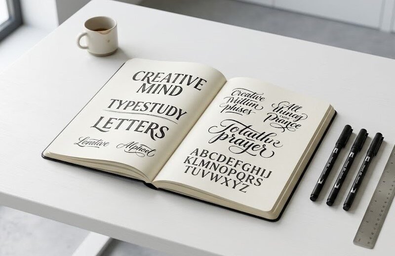 Visão superior de uma mesa de estudos com apostilas de caligrafia, marcadores de alta qualidade e um esboço de lettering moderno sendo desenhado.