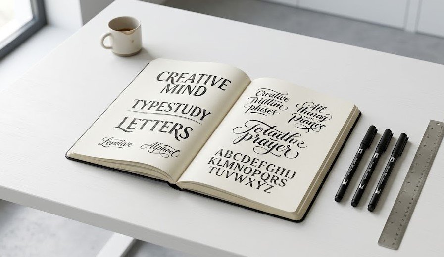 Visão superior de uma mesa de estudos com apostilas de caligrafia, marcadores de alta qualidade e um esboço de lettering moderno sendo desenhado.