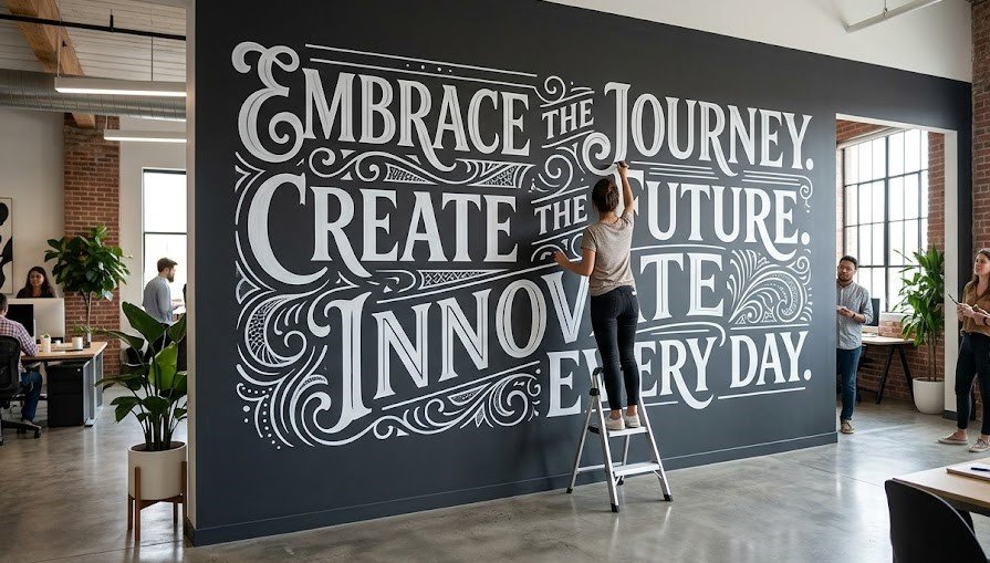 Artista desenhando um grande mural tipográfico em uma parede escura usando um marcador de tinta acrílica branca.