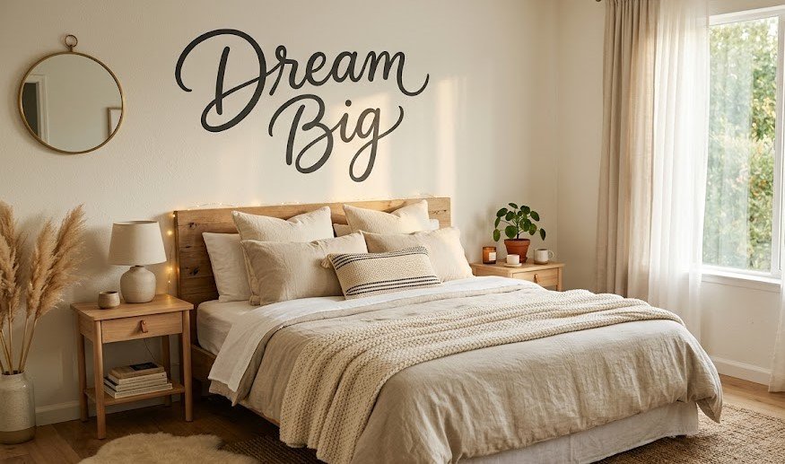 Uma parede de quarto aconchegante com uma frase motivacional em lettering recém-desenhada acima da cabeceira da cama.