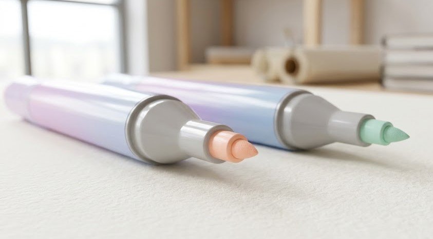 Foco detalhado nas pontas duplas de marcadores à base de álcool em tons pastéis de um kit de 24 cores em cima de um papel grosso.