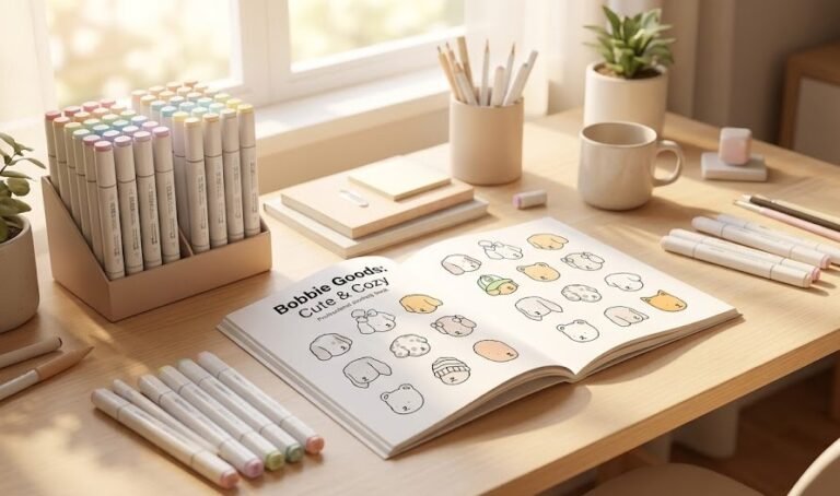 Livro Bobbie Goods original aberto sobre uma mesa de madeira com marcadores coloridos e iluminação natural.