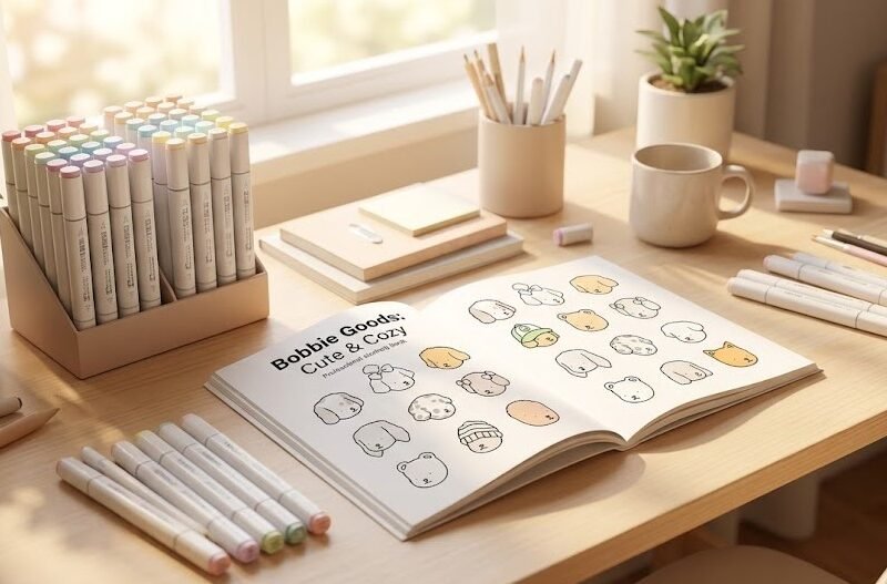 Livro Bobbie Goods original aberto sobre uma mesa de madeira com marcadores coloridos e iluminação natural.