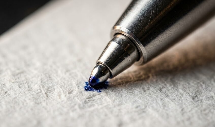 Visão macro detalhada da esfera de metal girando na ponta de uma caneta esferográfica e liberando tinta à base de óleo sobre o papel.
