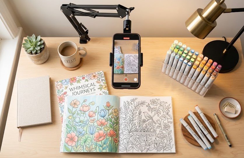 Setup moderno e minimalista de gravação de vídeo, mostrando um celular em um tripé apontado para um desenho sendo colorido na mesa.