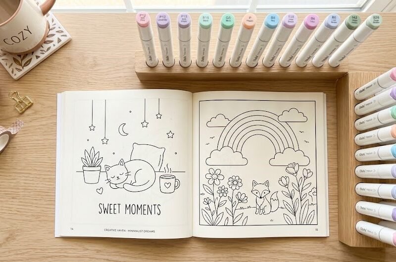 Visão superior de um livro de colorir aberto ao lado de um kit premium de canetas e marcadores coloridos organizados na mesa.