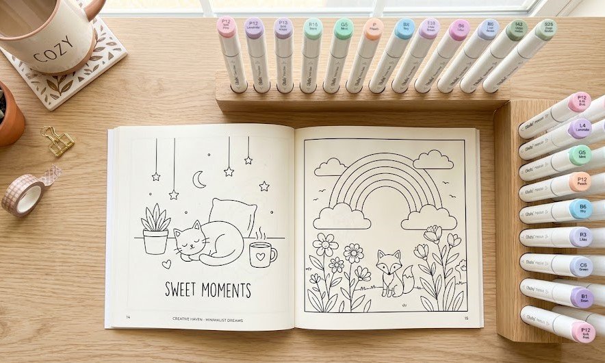 Visão superior de um livro de colorir aberto ao lado de um kit premium de canetas e marcadores coloridos organizados na mesa.