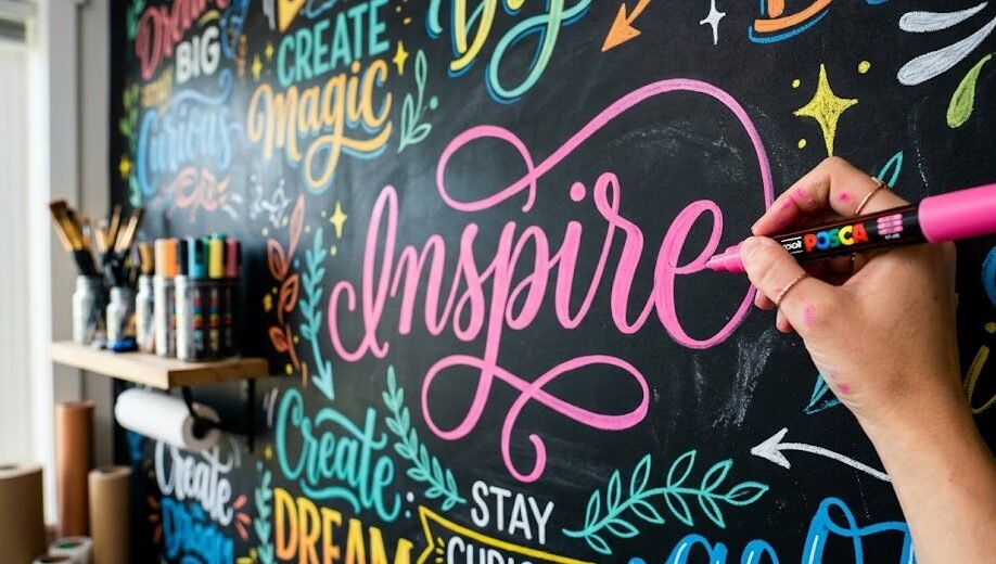 Caneta Posca Artista desenhando letras rosas vibrantes com uma caneta Posca em uma lousa preta, destacando o uso para lettering.