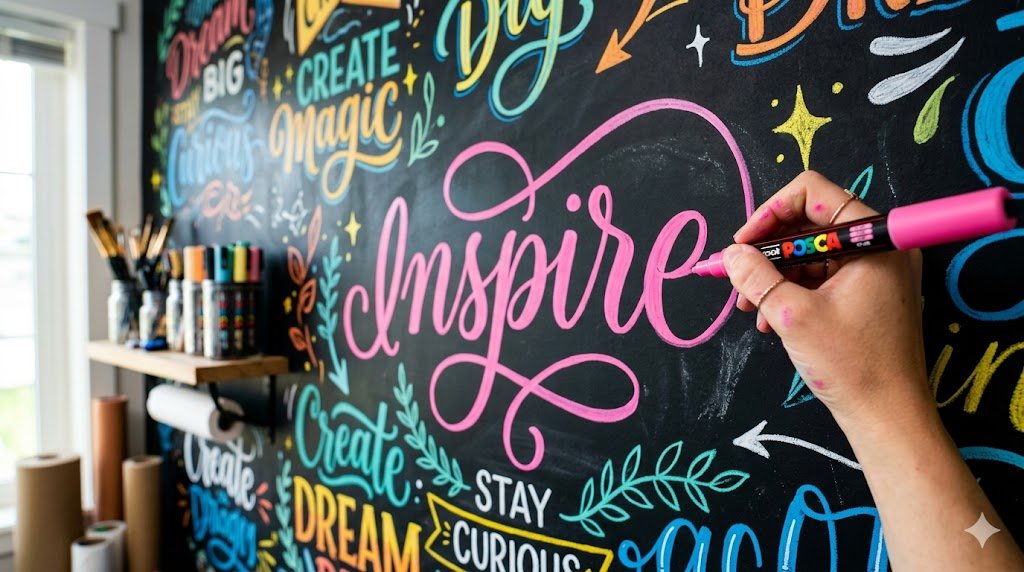 Artista desenhando letras rosas vibrantes com uma caneta Posca em uma lousa preta, destacando o uso para lettering.