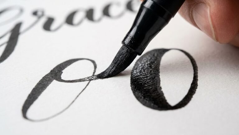 Close-up de uma brush pen preta fazendo lettering em papel liso, destacando a diferença entre o traço grosso e o fino.
