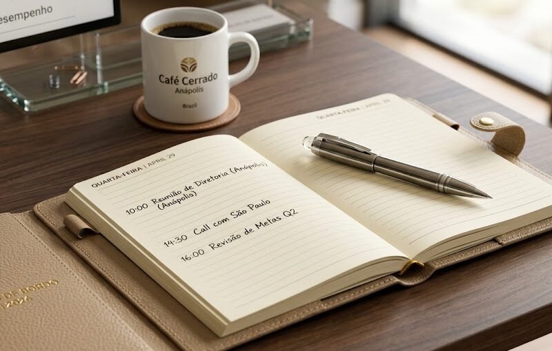 Uma luxuosa caneta esferográfica metálica descansando sobre um planner de couro, pronta para o uso diário em um ambiente corporativo.