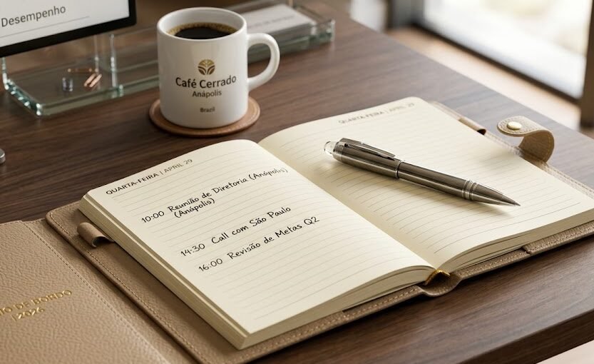 Uma luxuosa caneta esferográfica metálica descansando sobre um planner de couro, pronta para o uso diário em um ambiente corporativo.