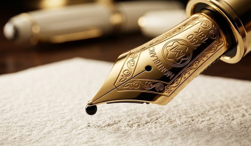 Foco macro na pena de ouro maciço 18k de uma caneta Montblanc tinteiro Meisterstück, pronta para assinar um documento com tinta premium.