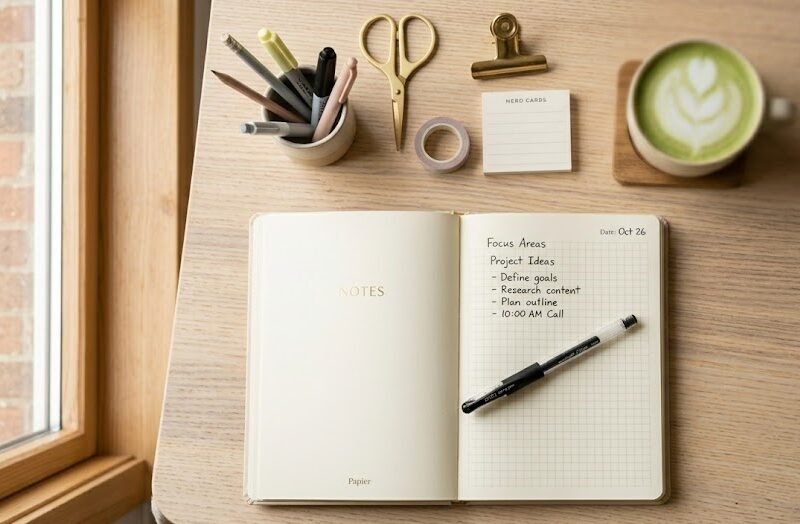 Uma elegante caneta gel uni-ball Signo preta repousando sobre um caderno de capa de couro em uma mesa de trabalho moderna.