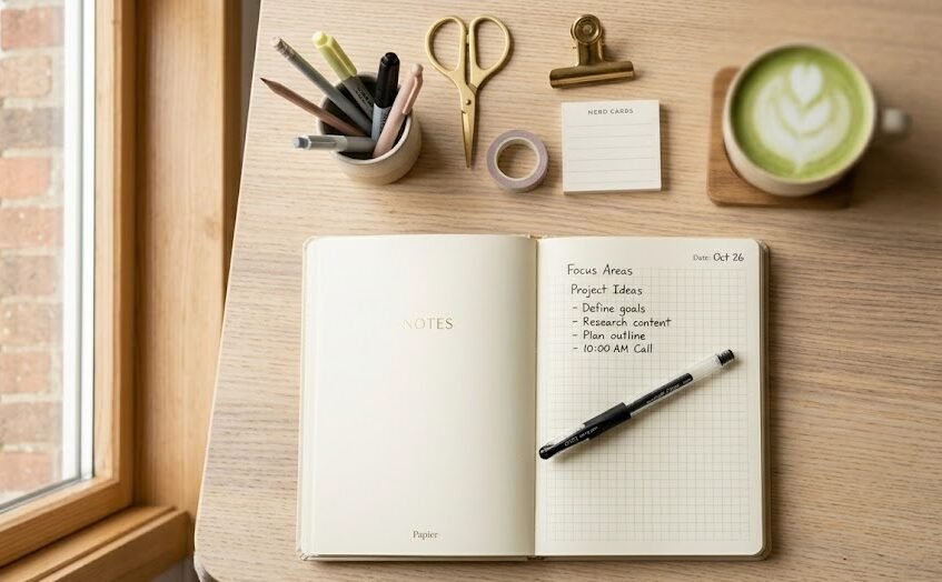 Uma elegante caneta gel uni-ball Signo preta repousando sobre um caderno de capa de couro em uma mesa de trabalho moderna.