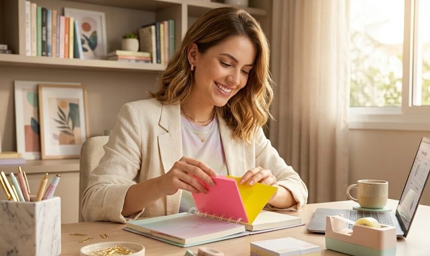 Uma jovem empreendedora organizada em sua mesa de escritório, personalizando seu caderno inteligente com novas divisórias vibrantes e estojos encaixados nos discos.