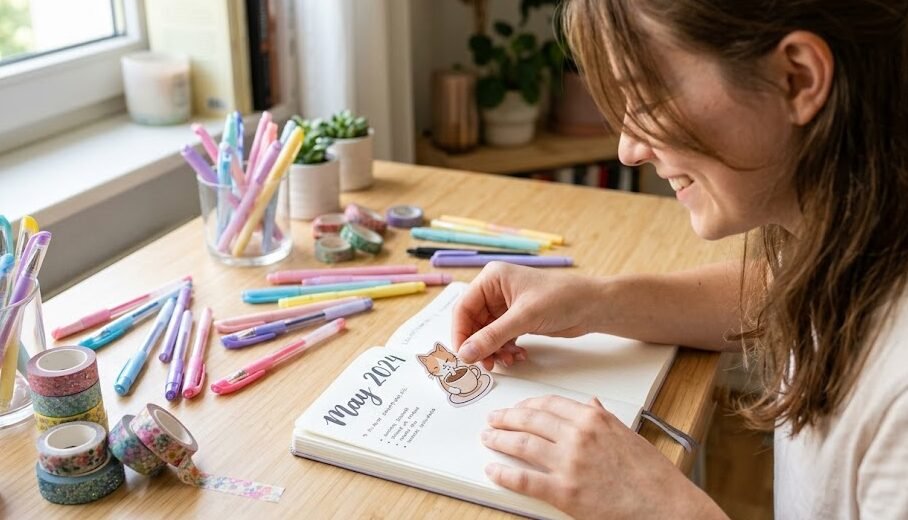 Caderno para Bullet Journal Visão por cima do ombro de uma pessoa sorrindo enquanto decora alegremente seu bullet journal com cartelas de adesivos e canetas em gel pastel.