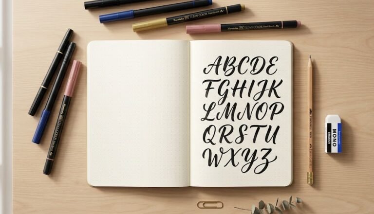 Visão superior de uma mesa de trabalho com uma folha pontilhada mostrando o alfabeto lettering desenhado, acompanhado de lápis e canetas brush.