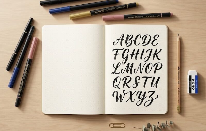 Visão superior de uma mesa de trabalho com uma folha pontilhada mostrando o alfabeto lettering desenhado, acompanhado de lápis e canetas brush.