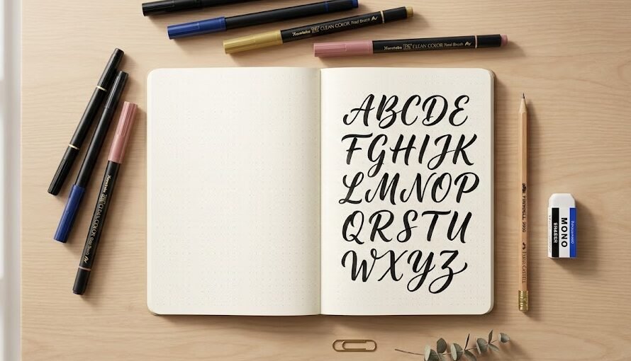 Visão superior de uma mesa de trabalho com uma folha pontilhada mostrando o alfabeto lettering desenhado, acompanhado de lápis e canetas brush.