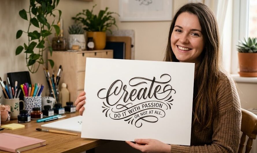 Melhor Papel para Lettering Melhor Papel para Lettering: Mulher jovem e sorridente segurando com orgulho sua arte final de lettering feita em um papel grosso e de alta qualidade.
