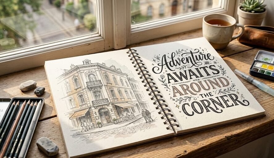 ideias de desenhos para sketchbook Caderno aberto em uma janela mostrando o desenho de um prédio urbano de um lado e uma arte de tipografia com frases do outro.