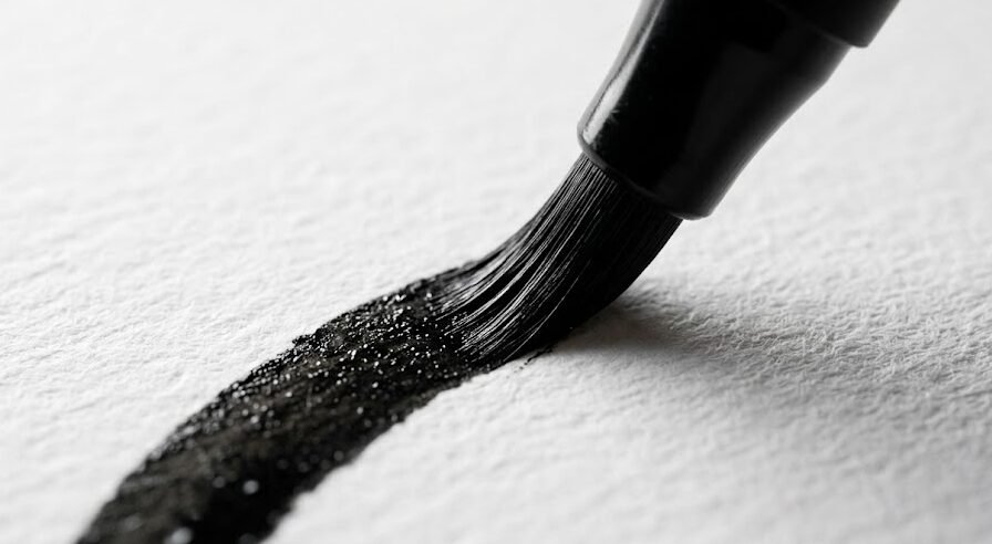 Foco macro na ponta de uma caneta brush preta pressionada contra o papel, demonstrando a técnica de traço grosso ao descer a letra.