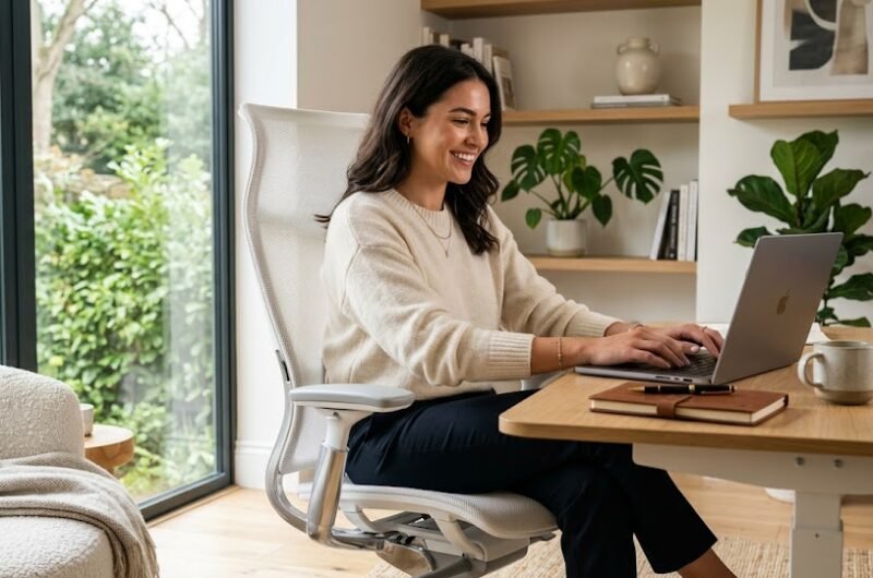 Uma mulher elegante e sorridente trabalhando em seu home office, sentada com a postura perfeita em uma cadeira de escritório ergonômica de tela mesh branca.