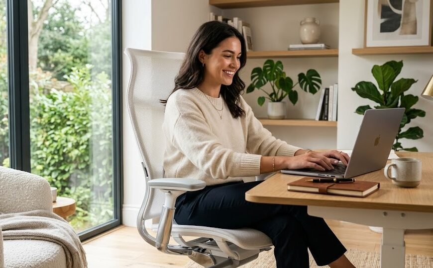 Uma mulher elegante e sorridente trabalhando em seu home office, sentada com a postura perfeita em uma cadeira de escritório ergonômica de tela mesh branca.