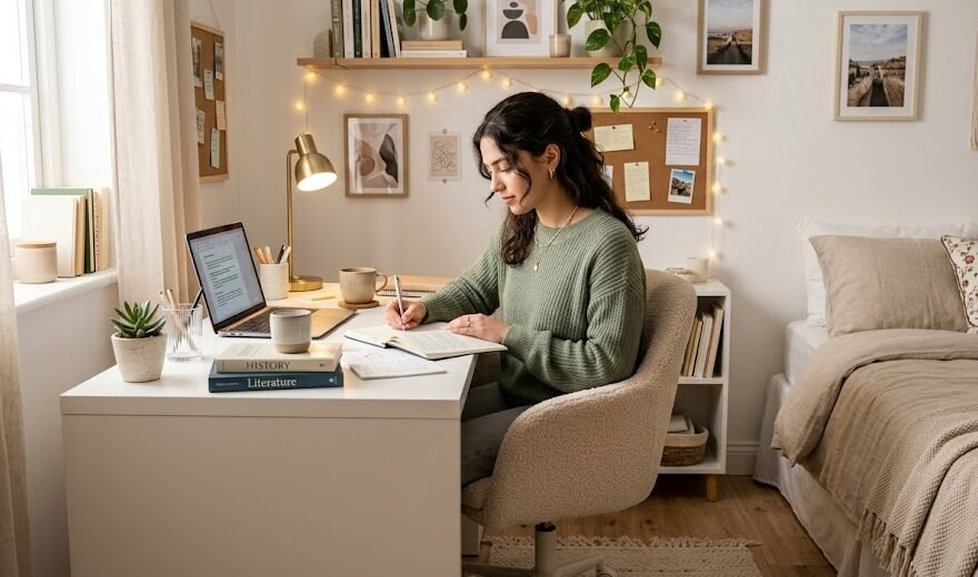 Uma jovem estudando concentrada em um quarto moderno e compacto, usando uma cadeira de escritório pequena e confortável que se encaixa perfeitamente na sua escrivaninha.