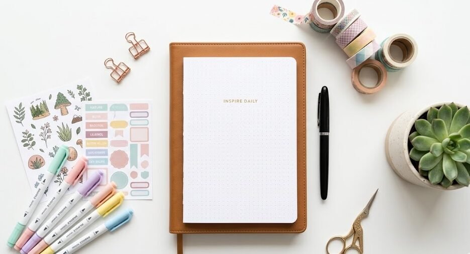 Mesa branca organizada com diversos itens de papelaria, como caderno de couro, fitas decoradas, canetas e cartelas de adesivos para bullet journal.