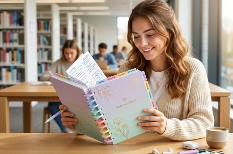 Uma estudante universitária sorridente em uma biblioteca iluminada, abraçando seu caderno inteligente grande de capa pastel cheio de anotações e divisórias coloridas.