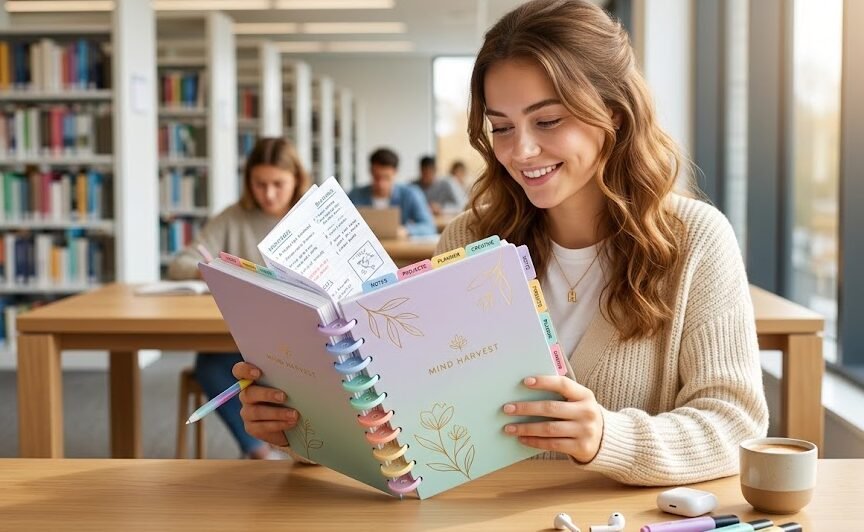 Uma estudante universitária sorridente em uma biblioteca iluminada, abraçando seu caderno inteligente grande de capa pastel cheio de anotações e divisórias coloridas.