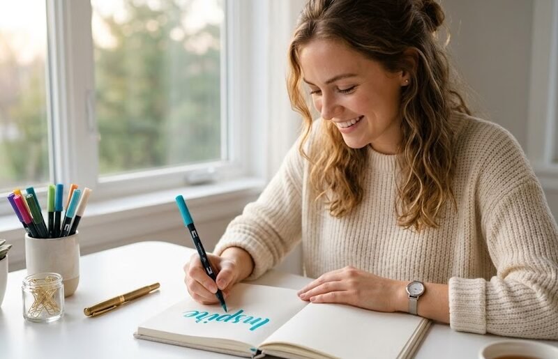Uma jovem sorridente e criativa segurando uma caneta brush pen colorida enquanto faz lettering em um caderno pautado em uma mesa clara.