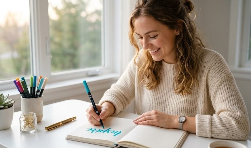 Uma jovem sorridente e criativa segurando uma caneta brush pen colorida enquanto faz lettering em um caderno pautado em uma mesa clara.
