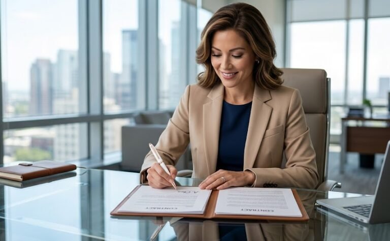 Uma executiva elegante, vestindo um blazer em tons claros, assinando um contrato importante em um escritório de vidro usando a sofisticada caneta Montblanc branca feminina.