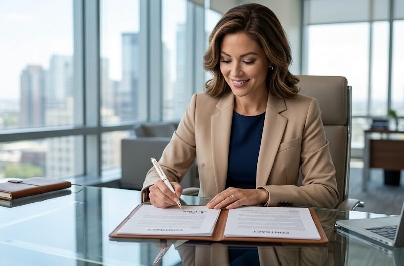 Uma executiva elegante, vestindo um blazer em tons claros, assinando um contrato importante em um escritório de vidro usando a sofisticada caneta Montblanc branca feminina.